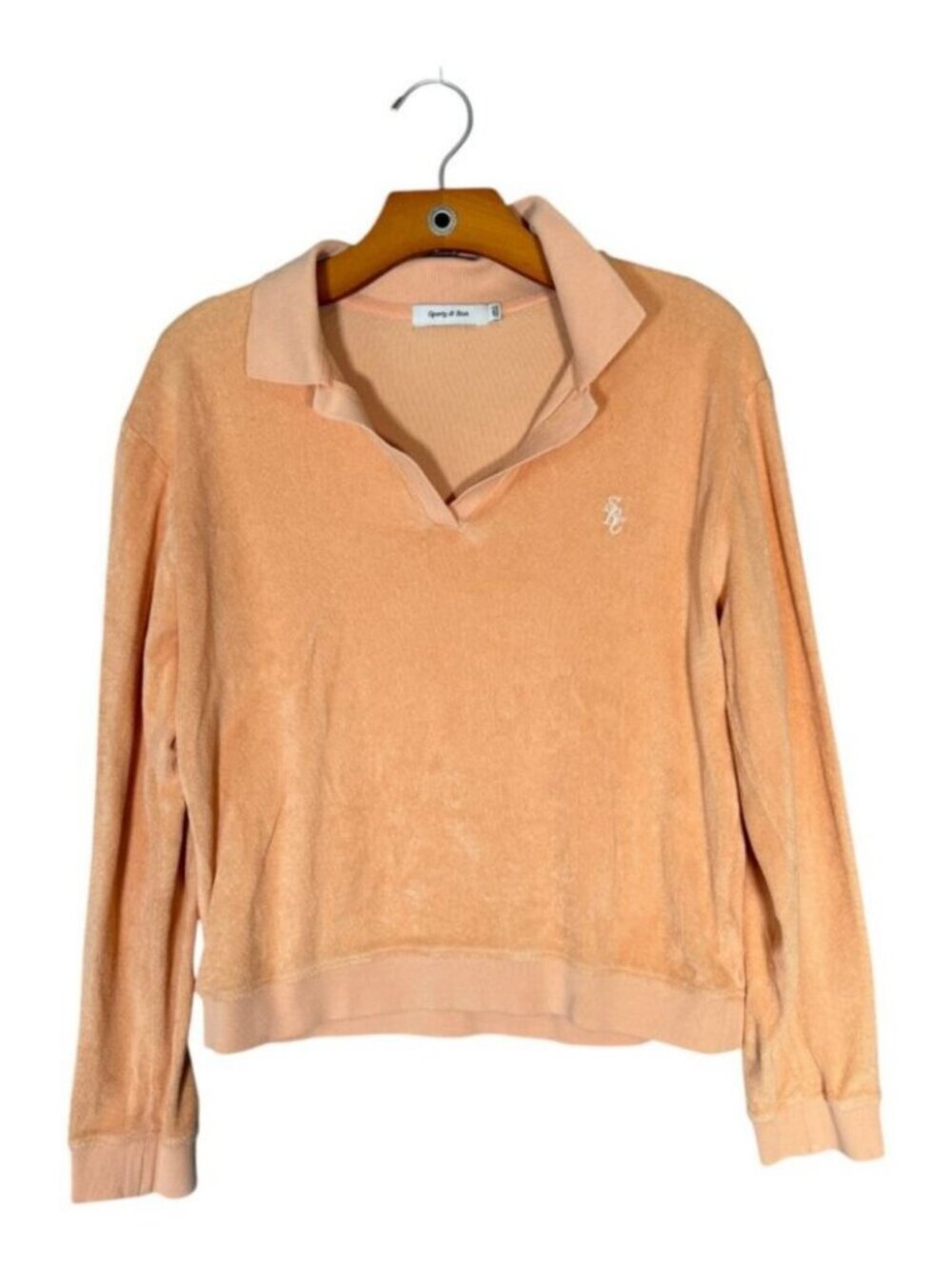 Sporty & Rich 100% Cotton Terry Pastel Peach Long Sleeve Polo Top Athleisure M